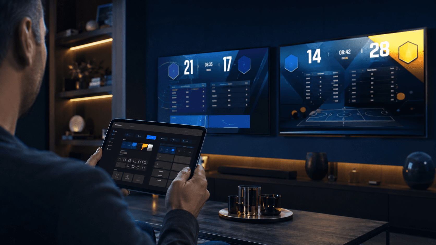 A member controlling multiple Live Boards sports displays from a tablet