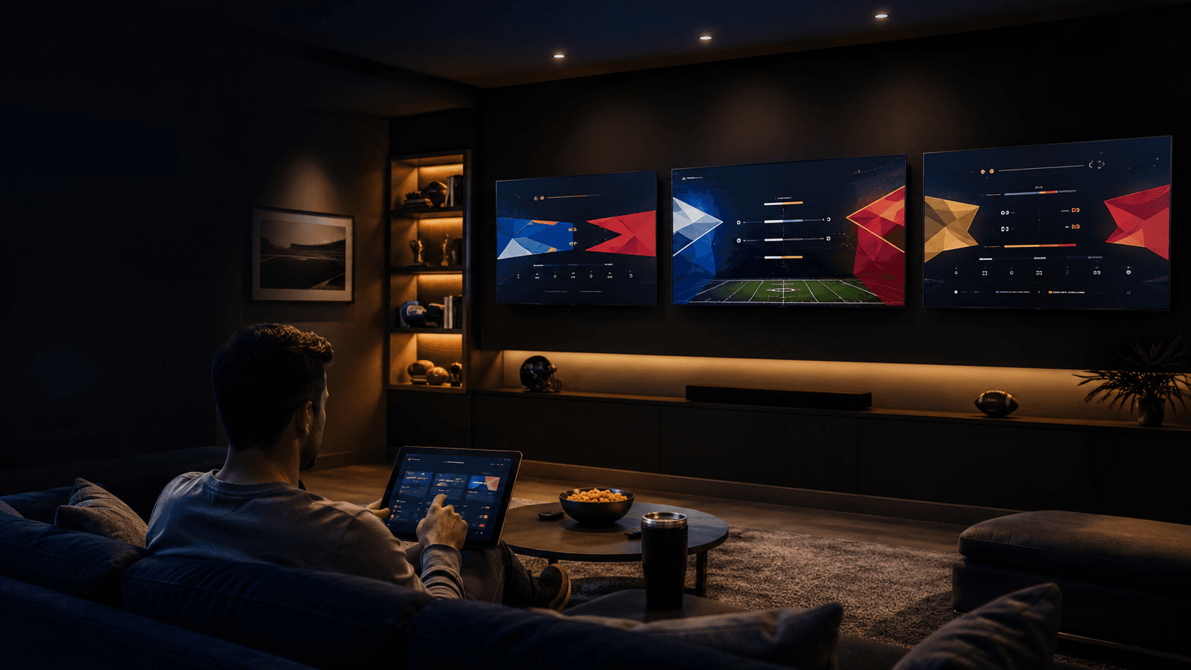 A modern multi-screen sports setup controlled through Live Boards